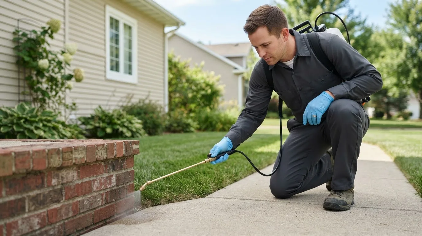 Pest control technician treating a home near Jasper, IN
